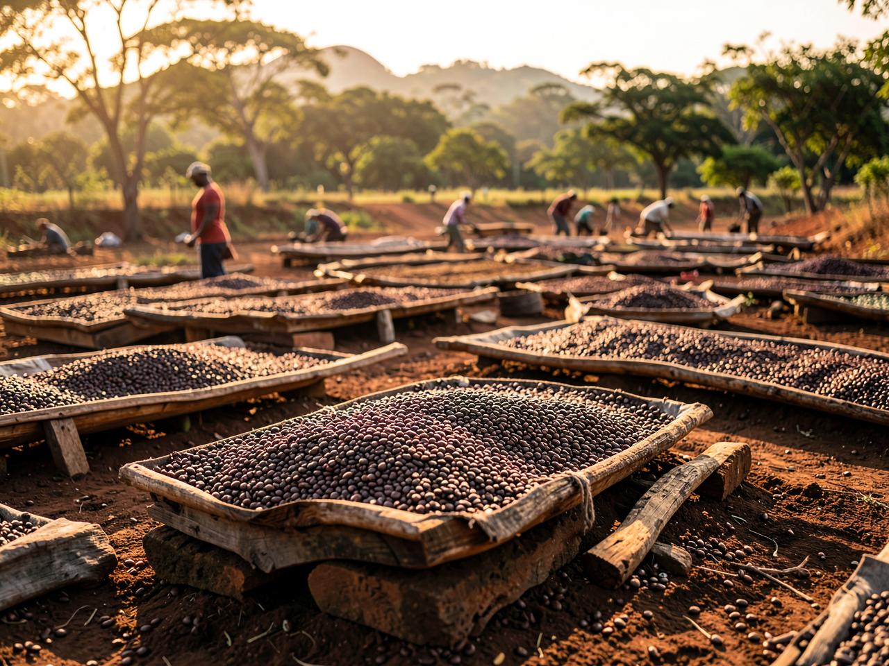 Coffee drying on raised beds under warm afternoon light