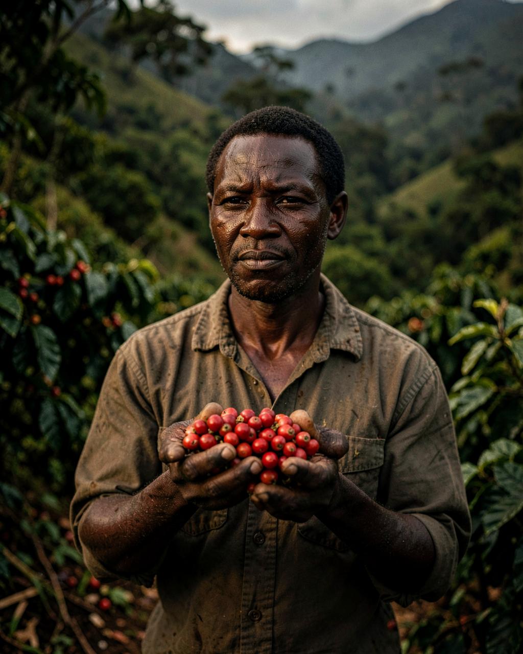 Kenyan coffee farmer presenting freshly harvested coffee cherries