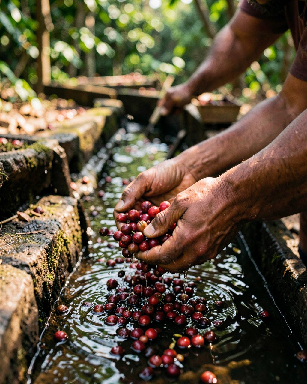 Hands washing harvested coffee cherries in a water channel