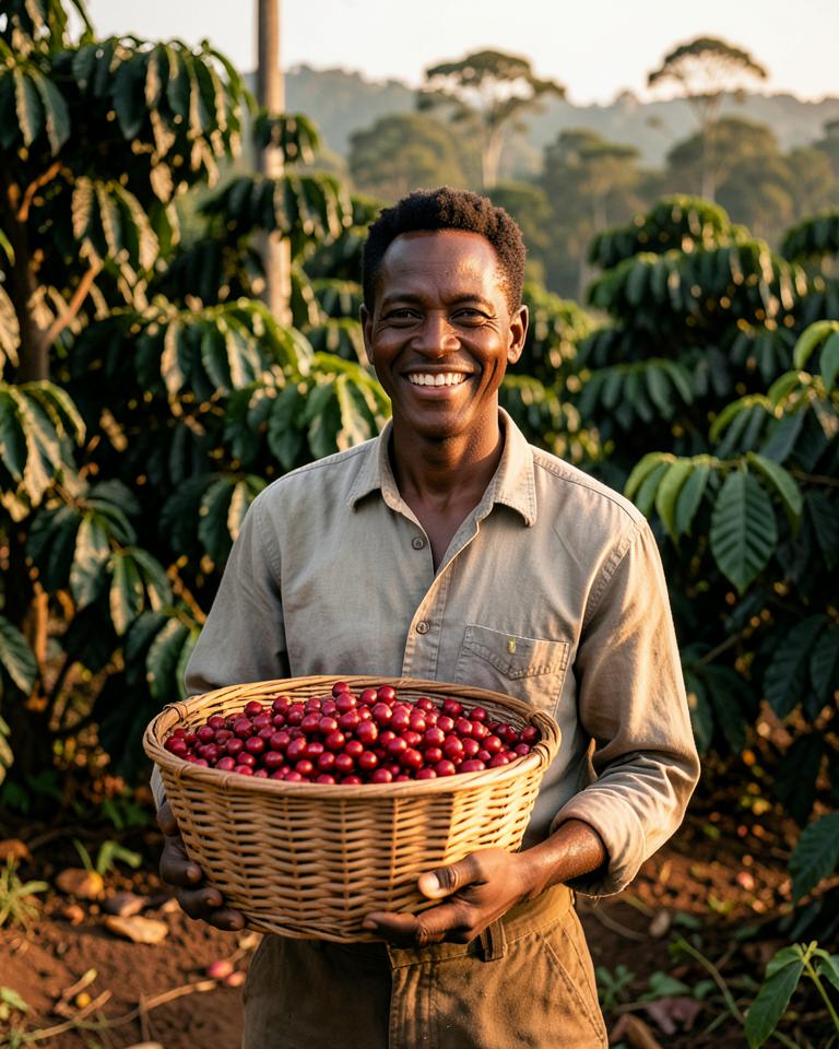 Kenyan coffee farmer holding a basket of harvested cherries