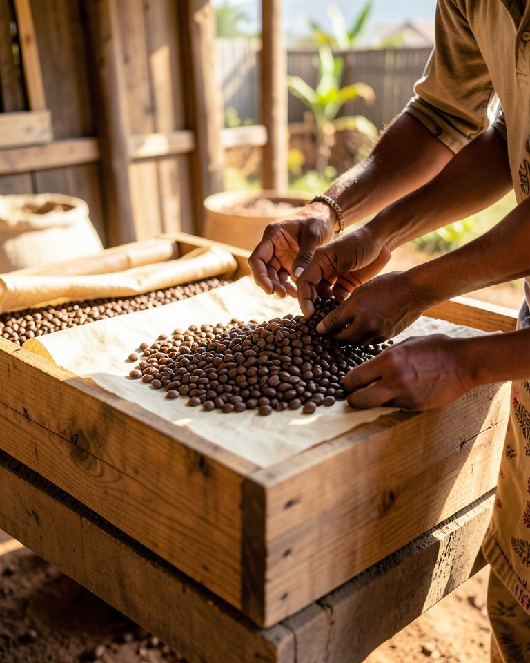 Coffee parchment being sorted on a raised wooden drying bed